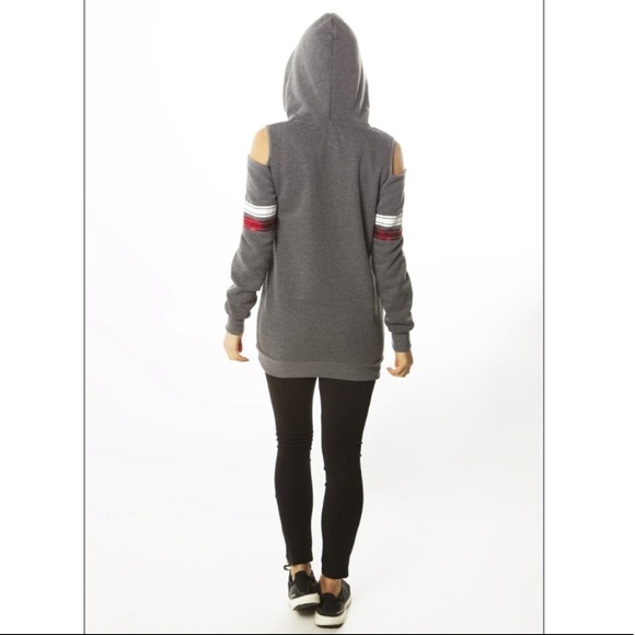 LAST ONE‼️ GRAY/RED LOVE NEW YORK COLD SHOULDER HOODED SWEATSHIRT Sz Women’s XL - Picture 4 of 6